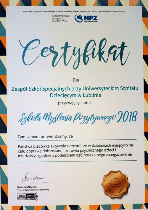 Ogólnopolski projekt „Szkoła Myślenia Pozytywnego” - Certyfikat